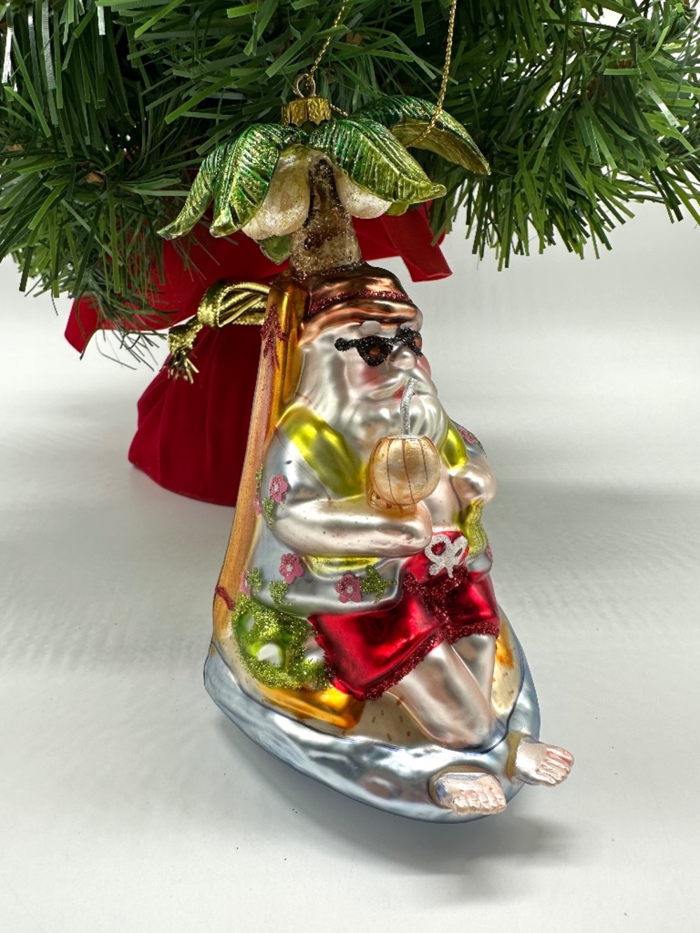 St Nicholas Square Glass Santa Claus Under Palm Tree Beach Ornament Hawaii